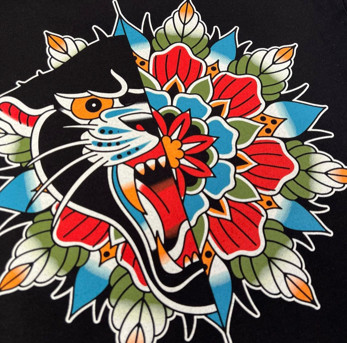 Bizzle Tattoo Half & Half Traditional Panther/Mandala T-Shirt